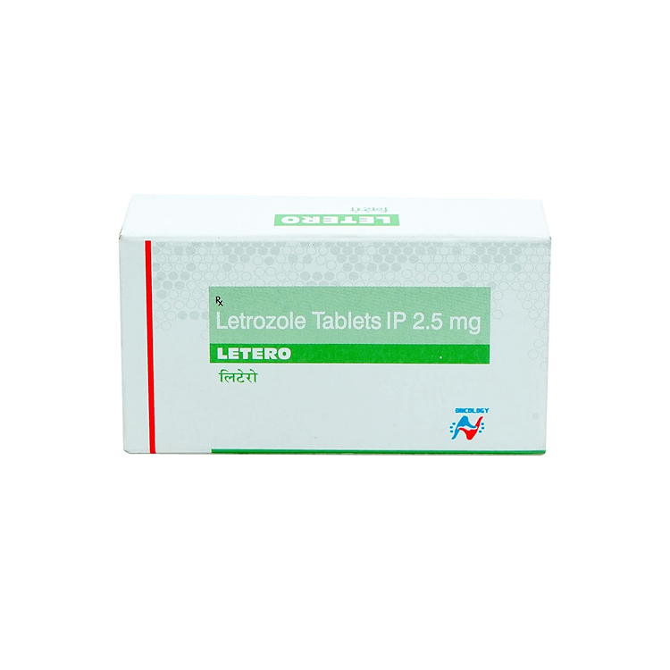 Front view of Letero Letrozole Tablets IP 2.5 mg 10-tablet box by Hetero Oncology.