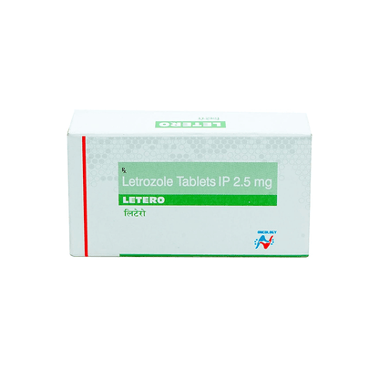 Front view of Letero Letrozole Tablets IP 2.5 mg 10-tablet box by Hetero Oncology.