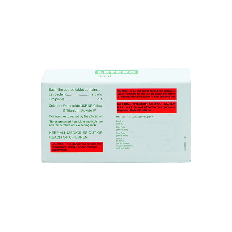 Back view of Letero 2.5 mg box showing composition, Schedule H warning, and Hetero manufacturing details.