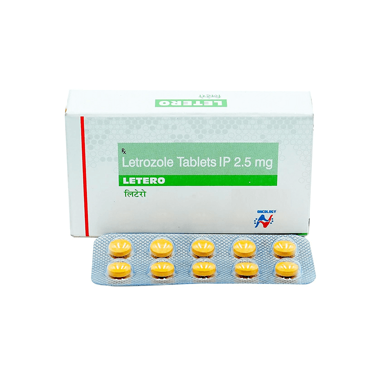Front view of Letero Letrozole 2.5 mg box alongside an exposed blister pack of 10 yellow film-coated tablets by Hetero Oncology.