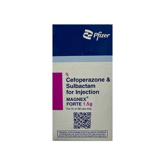 Front of Magnex Forte 1.5g Cefoperazone and Sulbactam for Injection box by Pfizer.