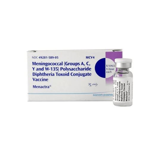 Front view of Menactra (Meningococcal Groups A, C, Y and W-135 Polysaccharide Diphtheria Toxoid Conjugate Vaccine) 5-vial box alongside a single-dose glass vial by Sanofi Pasteur.