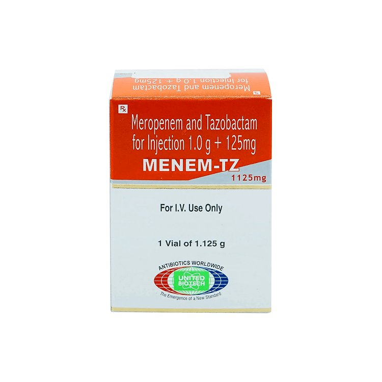 Front view of MENEM-TZ 1125mg (Meropenem and Tazobactam for Injection 1.0 g + 125mg) single-use vial box by United Biotech indicating for I.V. use only.