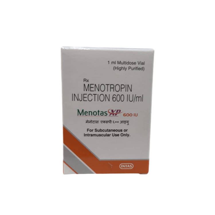 Front view of Menotas XP 600 IU (Menotrophin Injection 600 IU/ml) 1 ml Multidose Vial box by INTAS.