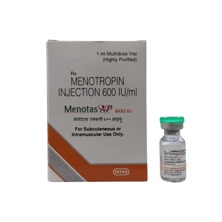 Perspective view showing the Menotas XP 600 IU box alongside the highly purified multidose vial with a green cap by INTAS.
