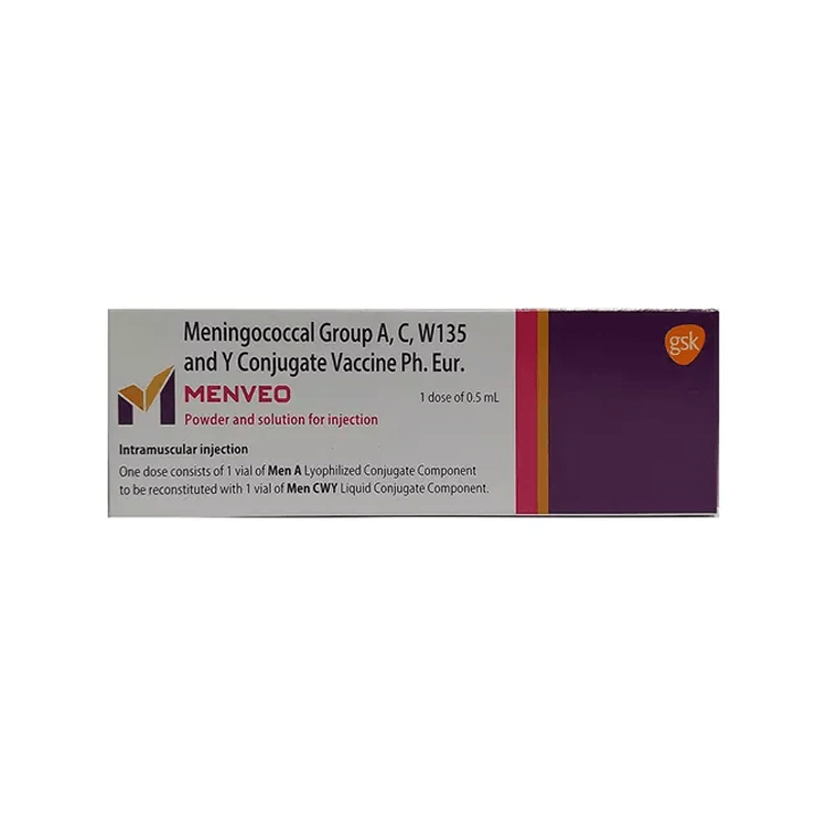 Front view of Menveo (Meningococcal Group A, C, W135 and Y Conjugate Vaccine Ph. Eur.) 0.5 mL single-dose kit box detailing Men A and Men CWY components by GSK.