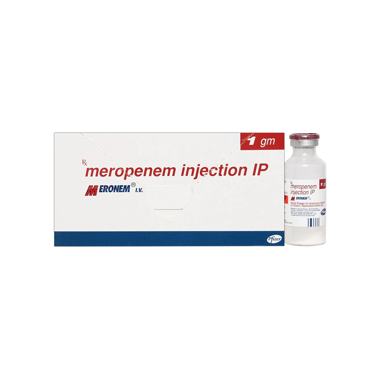 Front view of MERONEM I.V. 1 gm (Meropenem Injection IP) box alongside its sterile single-use glass vial by Pfizer.