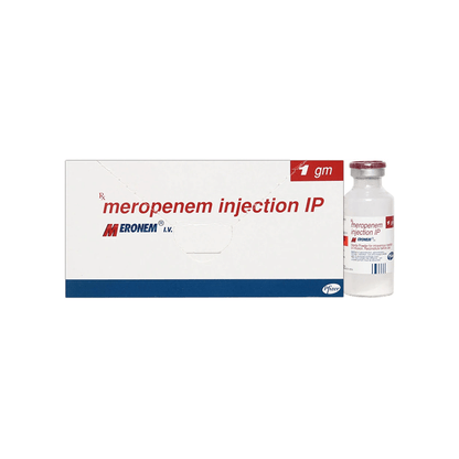Front view of MERONEM I.V. 1 gm (Meropenem Injection IP) box alongside its sterile single-use glass vial by Pfizer.