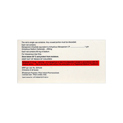 Back view of MERONEM 1 gm box by Pfizer showing detailed composition, Schedule H1 warning, and storage instructions.