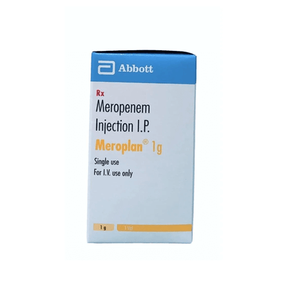 Front of Meroplan  1 g Meropenem Injection I.P. single-use vial box by Abbott.