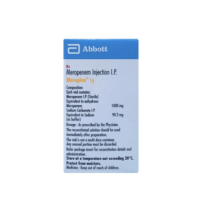 Abbott Meropenem Injection I.P. 1 g packaging on a white background