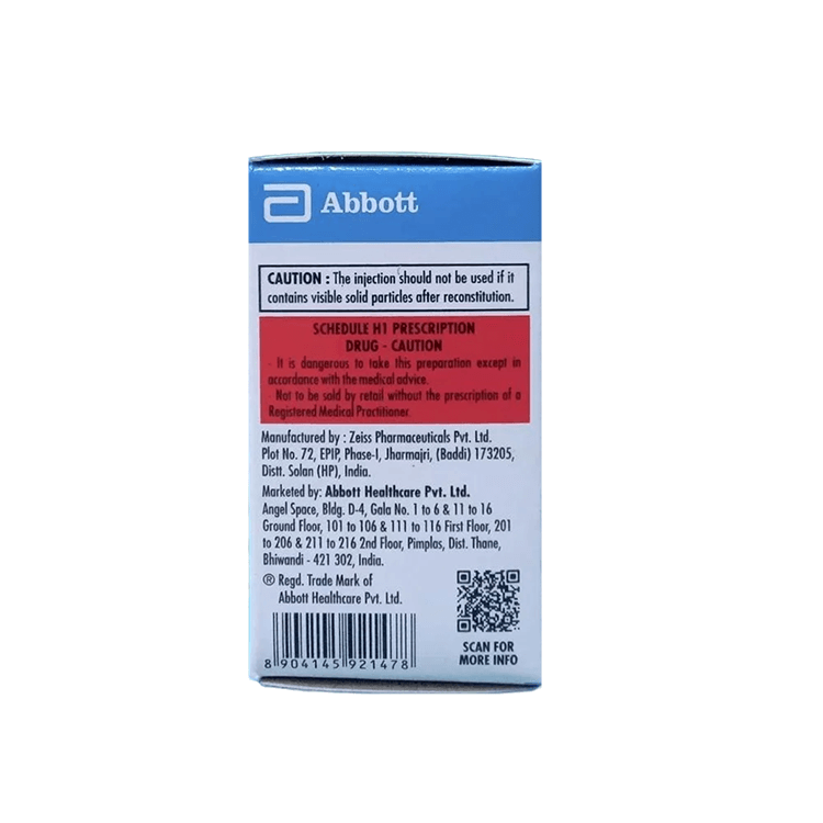 Back of a blue Abbott packaging with text and a QR code on a white background 1 g.