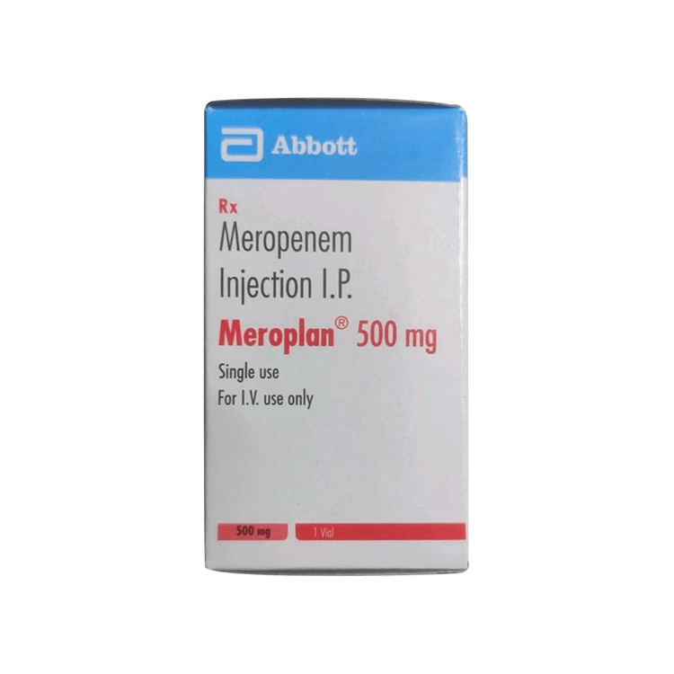 Front of Meroplan 500 mg Meropenem Injection I.P. single-use vial box by Abbott.