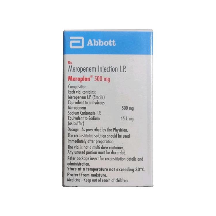 Abbott Meropenem Injection I.P. 500 mg packaging on a white background