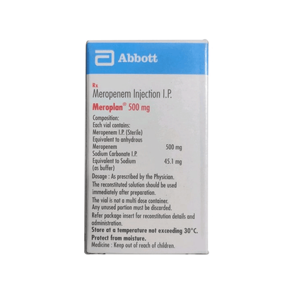 Abbott Meropenem Injection I.P. 500 mg packaging on a white background