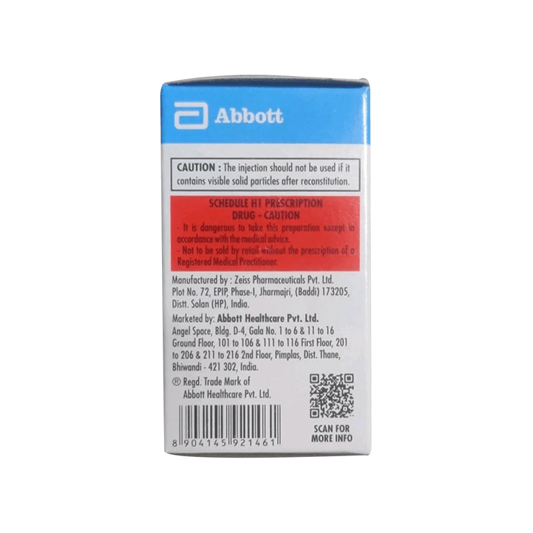 Back view of an Abbott medical 500 mg packaging box with text and branding.
