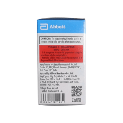 Back view of an Abbott medical 500 mg packaging box with text and branding.