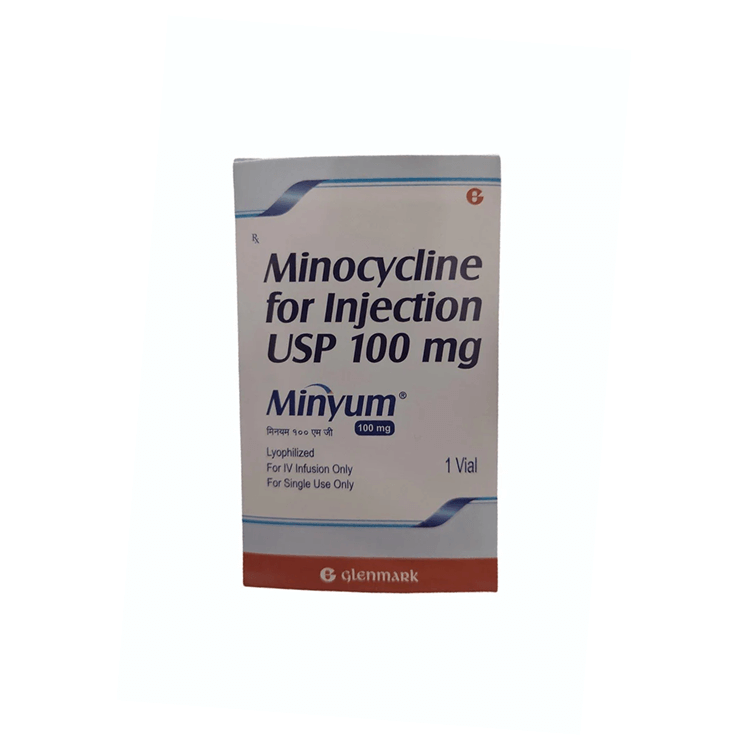 Front view of Minyum (Minocycline for Injection USP 100 mg) single-use lyophilized vial box by Glenmark indicating for I.V. infusion only.
