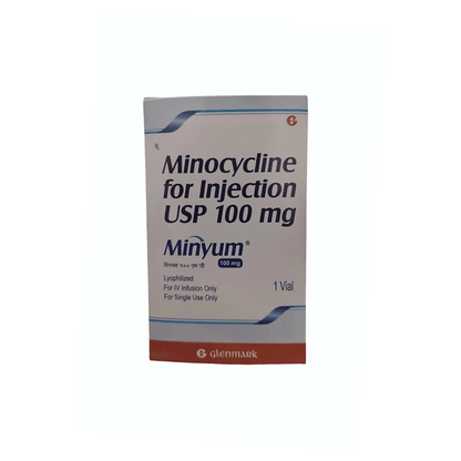 Front view of Minyum (Minocycline for Injection USP 100 mg) single-use lyophilized vial box by Glenmark indicating for I.V. infusion only.