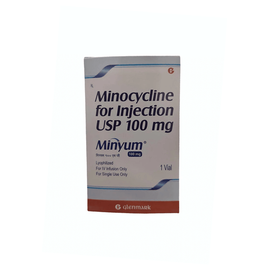 Front view of Minyum (Minocycline for Injection USP 100 mg) single-use lyophilized vial box by Glenmark indicating for I.V. infusion only.