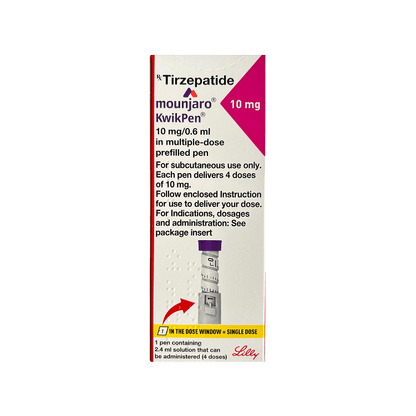 Front of Mounjaro KwikPen 10 mg Tirzepatide prefilled pen box by Lilly.