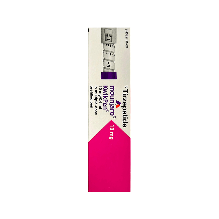 Side of Mounjaro KwikPen 10 mg Tirzepatide prefilled pen box by Lilly.