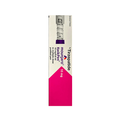 Side of Mounjaro KwikPen 10 mg Tirzepatide prefilled pen box by Lilly.