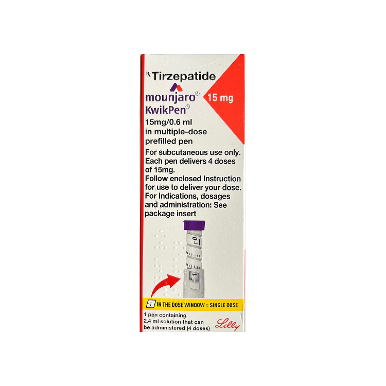 Front of Mounjaro KwikPen 15 mg Tirzepatide prefilled pen box by Lilly.