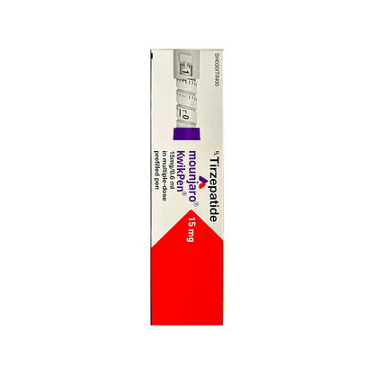 Side of Mounjaro KwikPen 15 mg Tirzepatide prefilled pen box by Lilly.