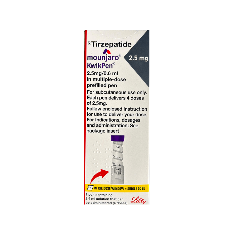 Front of Mounjaro KwikPen 2.5 mg Tirzepatide prefilled pen box by Lilly.