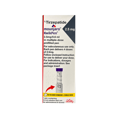 Front of Mounjaro KwikPen 2.5 mg Tirzepatide prefilled pen box by Lilly.