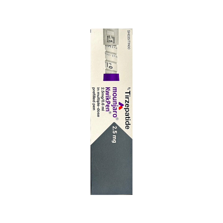 Side of Mounjaro KwikPen 2.5 mg Tirzepatide prefilled pen box by Lilly.

