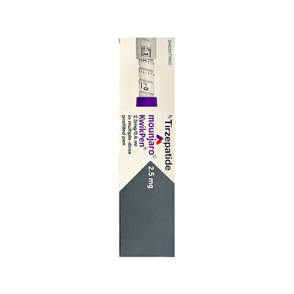 Side of Mounjaro KwikPen 2.5 mg Tirzepatide prefilled pen box by Lilly.

