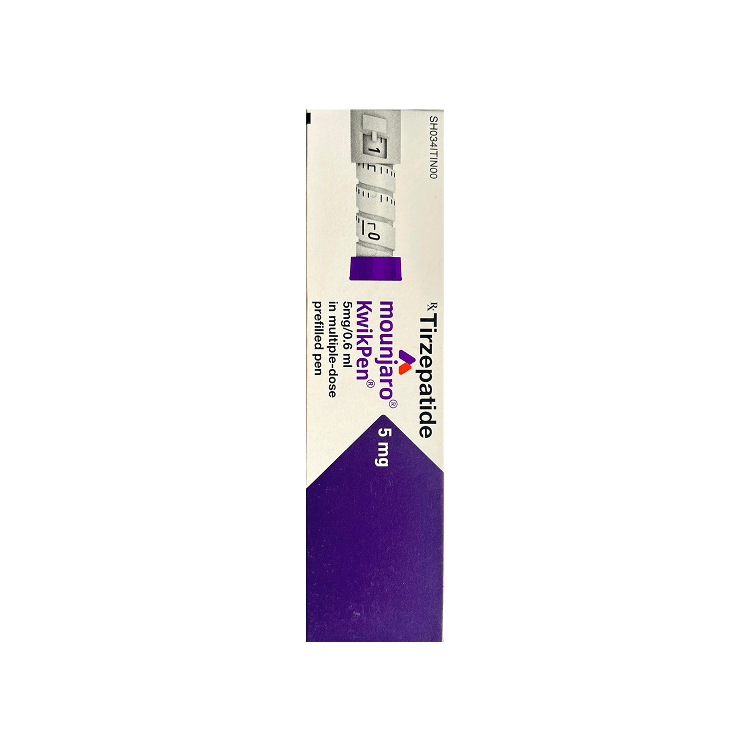 Side of Mounjaro KwikPen 5 mg Tirzepatide prefilled pen box by Lilly.