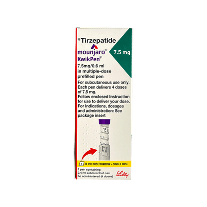 Front of Mounjaro KwikPen 7.5 mg Tirzepatide prefilled pen box by Lilly.