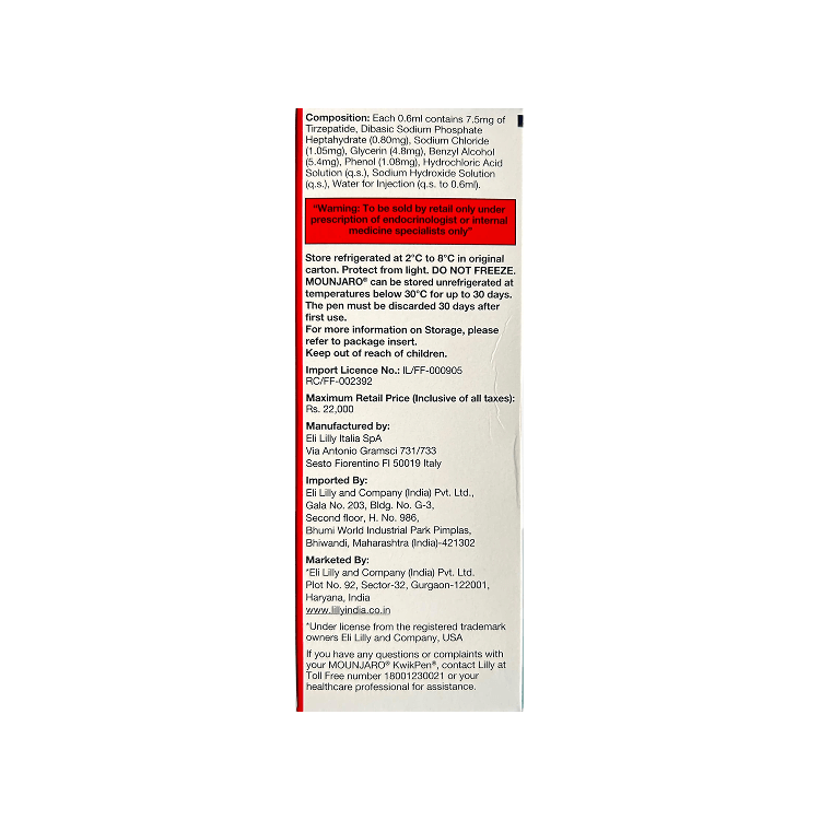 back of Mounjaro KwikPen 7.5 mg Tirzepatide prefilled pen box by Lilly.