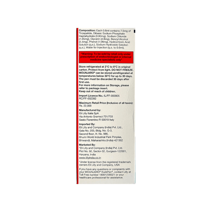 back of Mounjaro KwikPen 7.5 mg Tirzepatide prefilled pen box by Lilly.