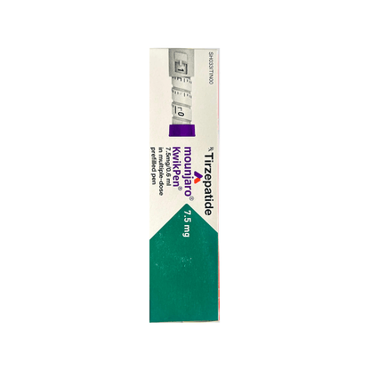 Side of Mounjaro KwikPen 7.5 mg Tirzepatide prefilled pen box by Lilly.