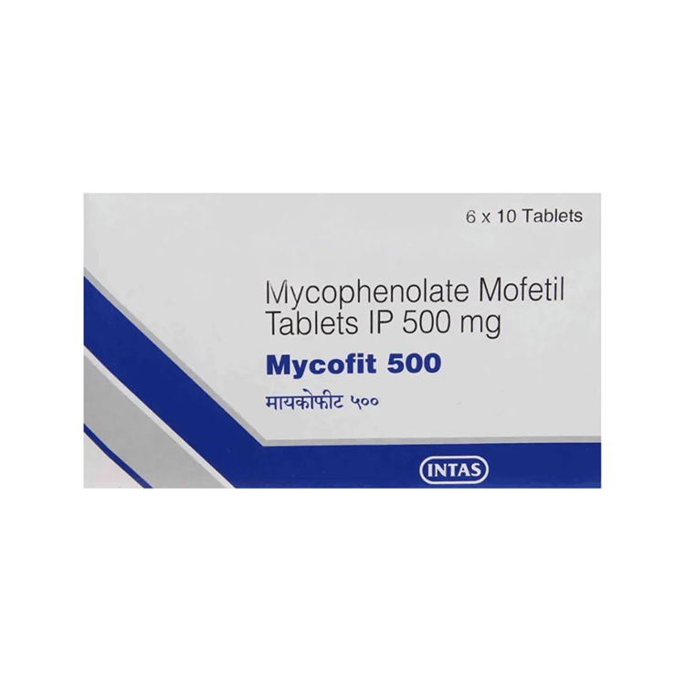 Front of Mycofit 500 Mycophenolate Mofetil Tablets IP box by INTAS.