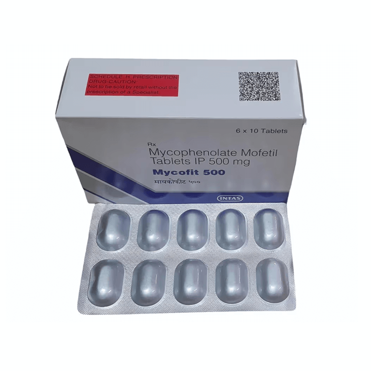 Box of Mycophenolate Mofetil Tablets IP 500 mg with blister pack on a white background