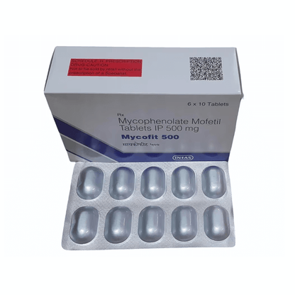 Box of Mycophenolate Mofetil Tablets IP 500 mg with blister pack on a white background