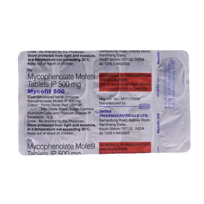 Mycophenolate Mofetil tablets packaging with label on a white background