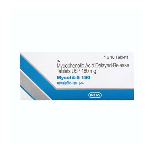 Front of Mycofit-S 180 Mycophenolic Acid Delayed-Release Tablets USP box by INTAS.