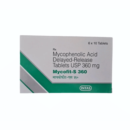 Front of Mycofit-S 360 Mycophenolic Acid Delayed-Release Tablets USP box by INTAS.
