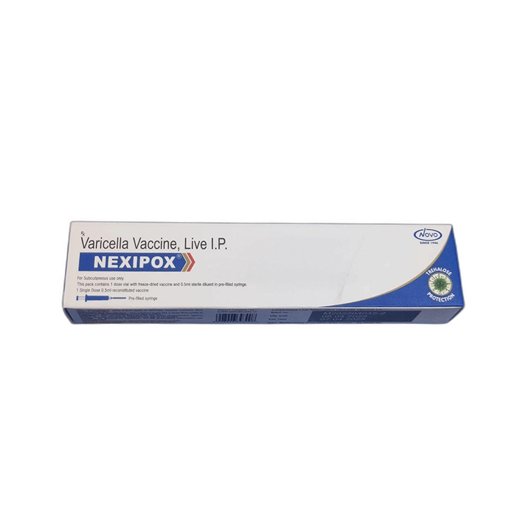 Front view of Nexipox (Varicella Vaccine, Live I.P.) single-dose box with pre-filled syringe diluent featuring Trehalose Protection by Novo.