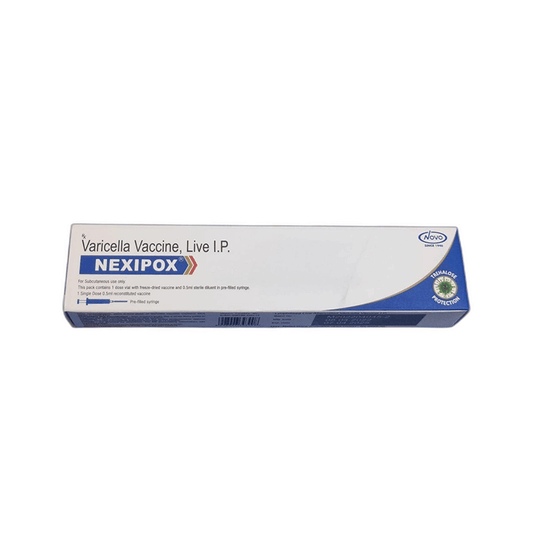 Front view of Nexipox (Varicella Vaccine, Live I.P.) single-dose box with pre-filled syringe diluent featuring Trehalose Protection by Novo.