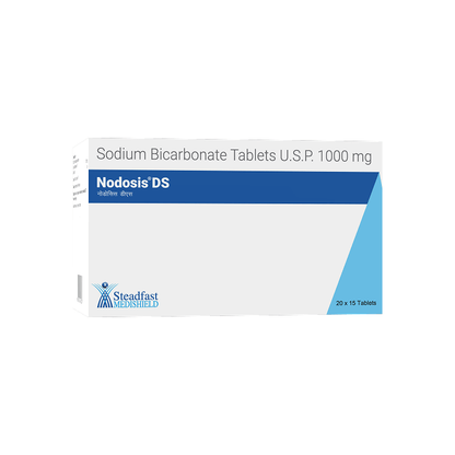 Front view of Nodosis DS (Double Strength) Sodium Bicarbonate Tablets U.S.P. 1000 mg box by Steadfast MediShield.