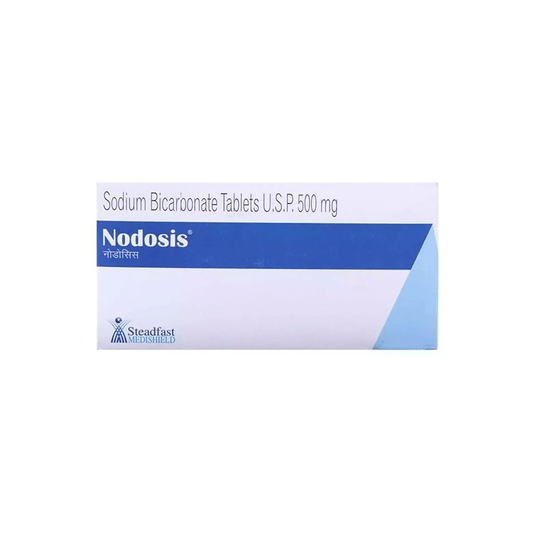 Front view of Nodosis Sodium Bicarbonate Tablets U.S.P. 500 mg box by Steadfast MediShield.