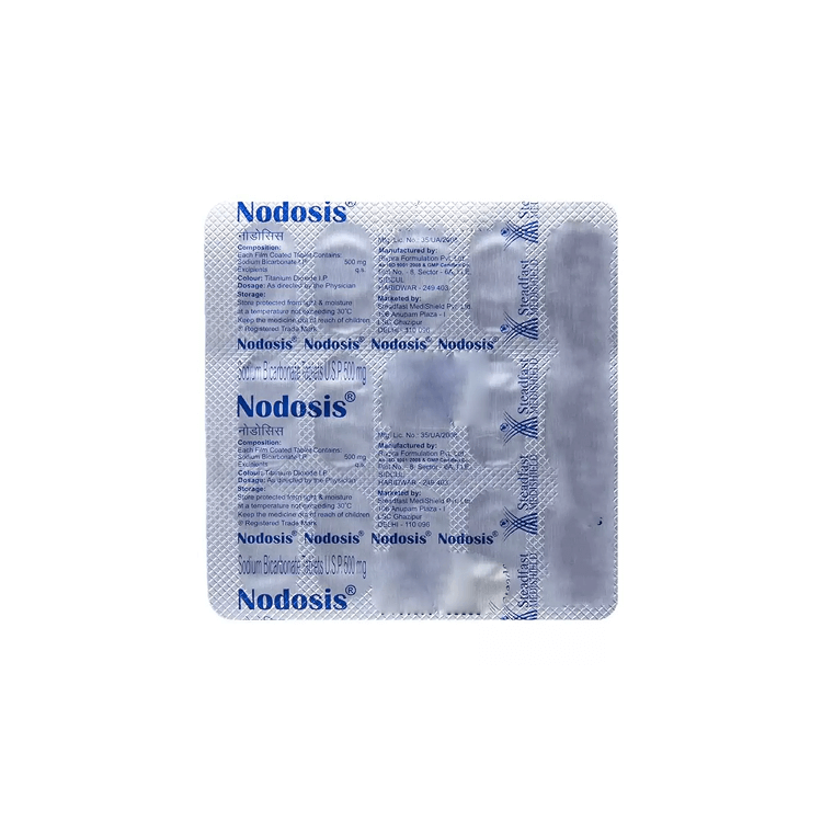 Back view of Nodosis 500 mg blister pack showing composition and Steadfast MediShield manufacturing details.