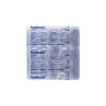 Back view of Nodosis 500 mg blister pack showing composition and Steadfast MediShield manufacturing details.